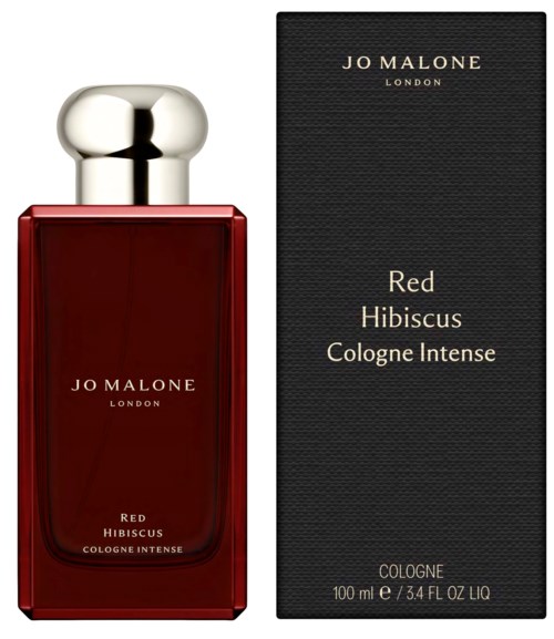 A red perfume bottle with a silver cap and a black box with gold text.