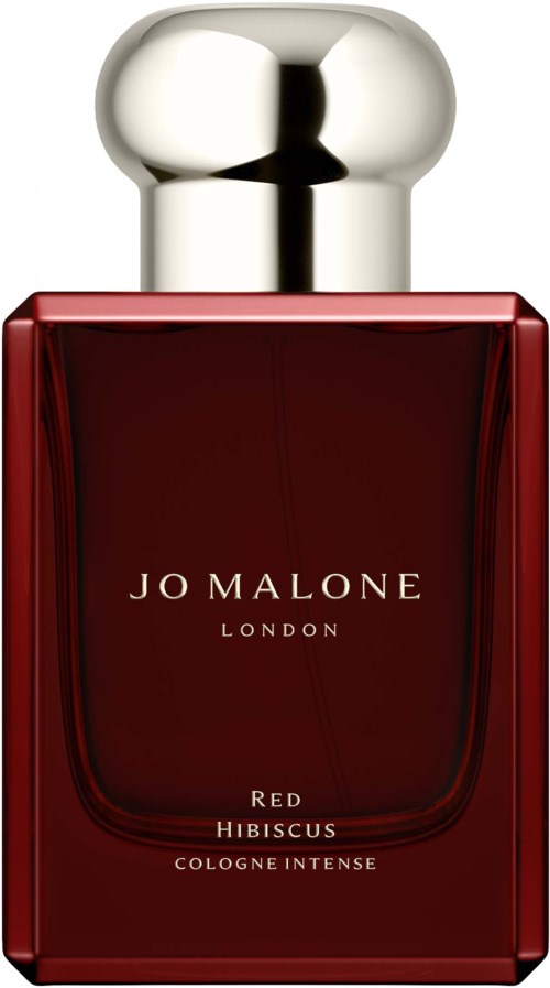A red perfume bottle with a silver cap, labeled Jo Malone London Red Hibiscus Cologne Intense.
