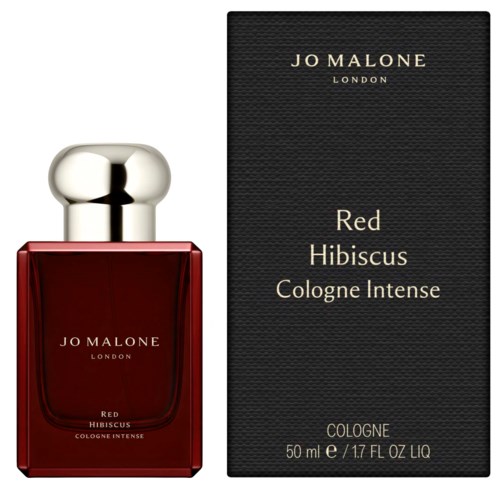 A red perfume bottle with a silver cap beside a black box labeled Jo Malone Red Hibiscus Cologne Intense.