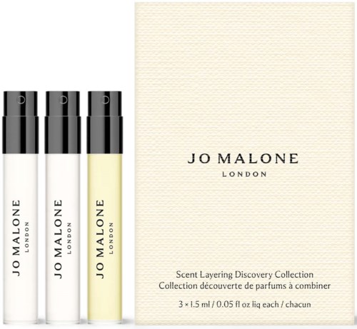 Kolme tuoksunäyteläiskettä ja voidekotelon Jo Malone London Scent Layering Discovery Collection.