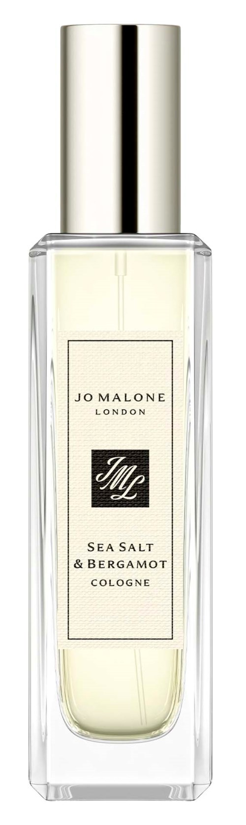 En klar glassflaske med Jo Malone London Sea Salt & Bergamot Cologne og en sølvkapsel.