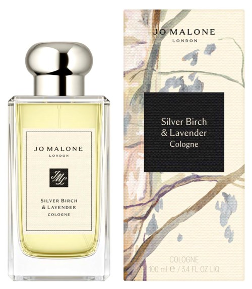 En Jo Malone-parfymflaska och dess förpackning, båda märkta Silver Birch & Lavender, med blombok och gren-mönster.