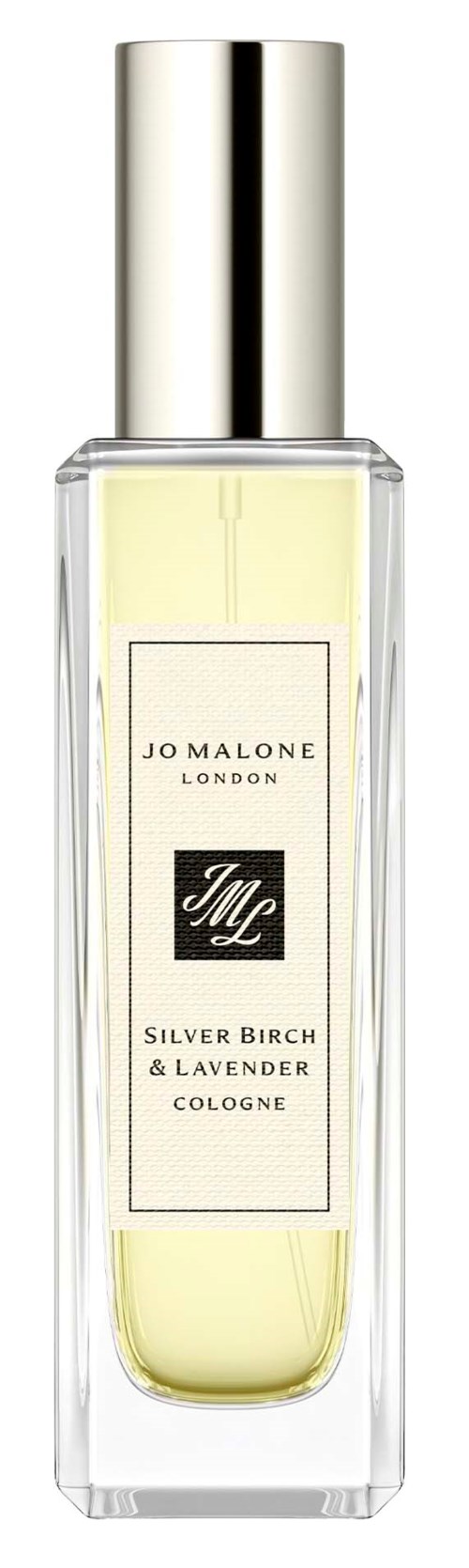 En lång parfymflaska med genomskilligt kropp och silverhatt, märkt Jo Malone London Silver Birch Lavender Cologne.
