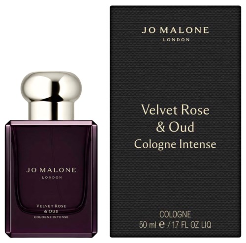 A bottle of Jo Malone perfume next to its black box, labeled Velvet Rose & Oud Cologne Intense, 50 ml.