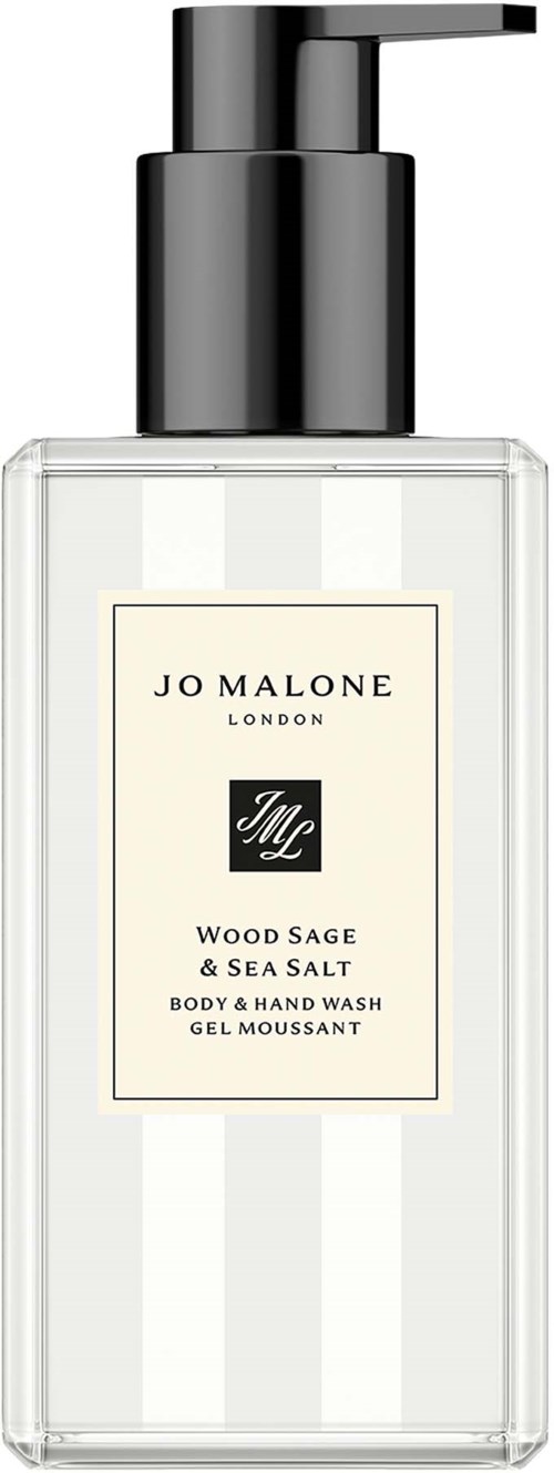 Läpinäkyvä pullo Jo Malone London -ruusu- ja merisuolahuuhteluun, musta pumppu ja valkoinen etiketti.