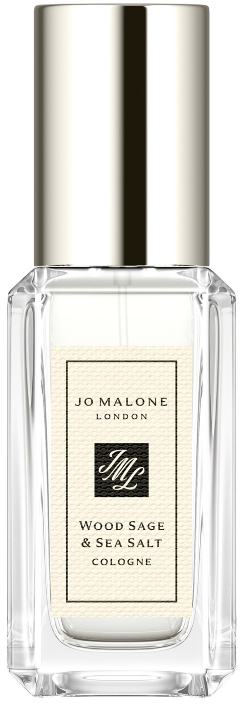 En klar glasflaska med silverlock, märkt Jo Malone London Wood Sage & Sea Salt cologne.