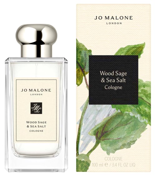 Jo Malone London Wood Sage & Sea Salt parfymflaska och box med gröna blad.