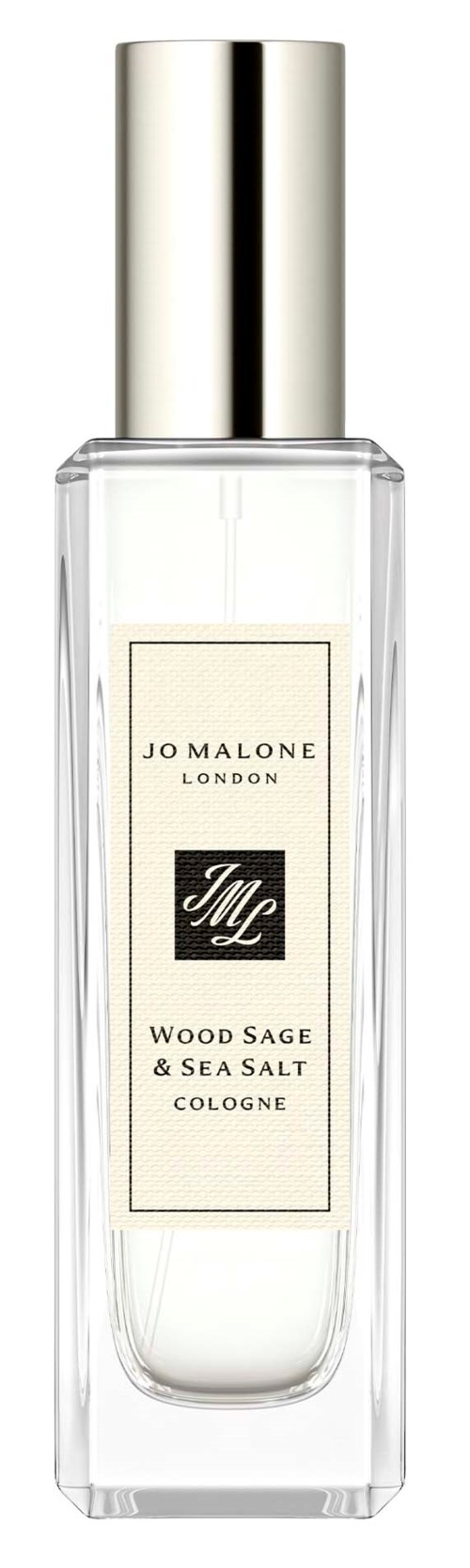 En lång, tydlig glasflaska med silverlock som innehåller Jo Malone-parfym, märkt Wood Sage & Sea Salt.