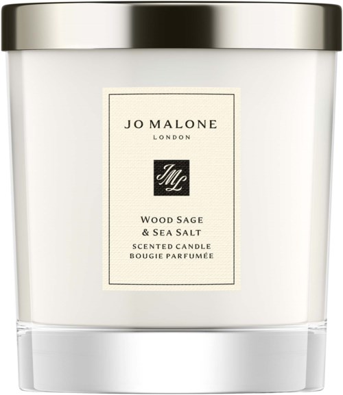 Valkoinen tuoksukynttilä lasipurkissa mustalla kannella, merkki Jo Malone London, Wood Sage & Sea Salt.