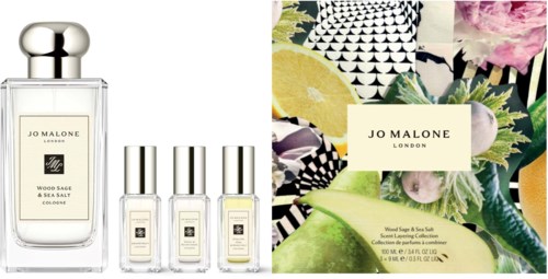 Hajuvesipakkaus, jossa on pulloja ja värikäs kukka- ja hedelmäsuunnittelukotelo Jo Malone Londonille.