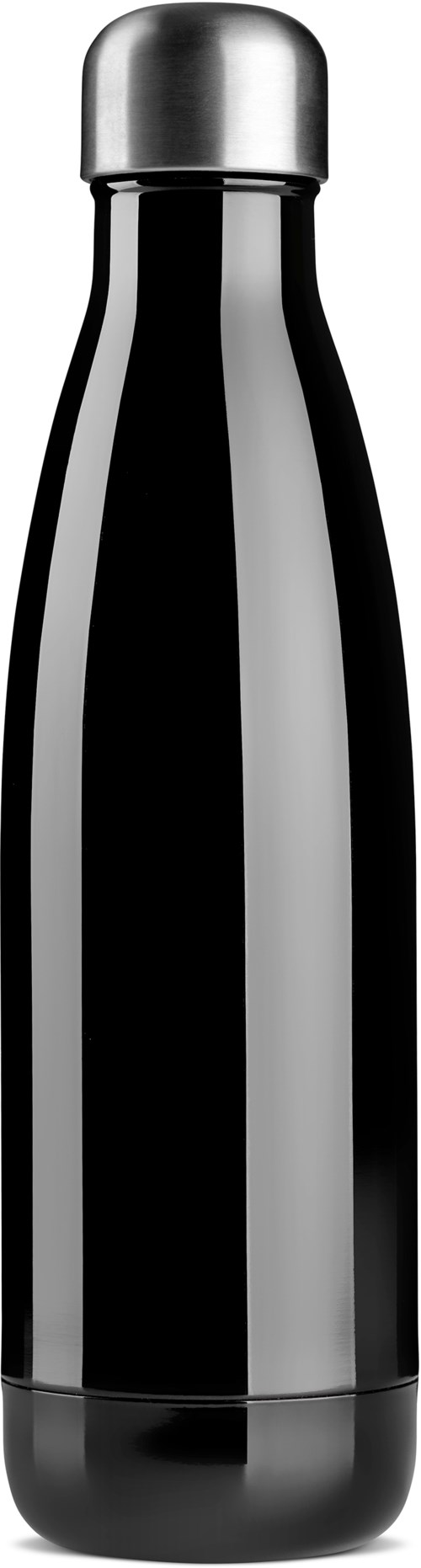 Eine elegante, schwarze Edelstahl-Wasserflasche mit silberner Kappe und schmaler, gebogener Form.
