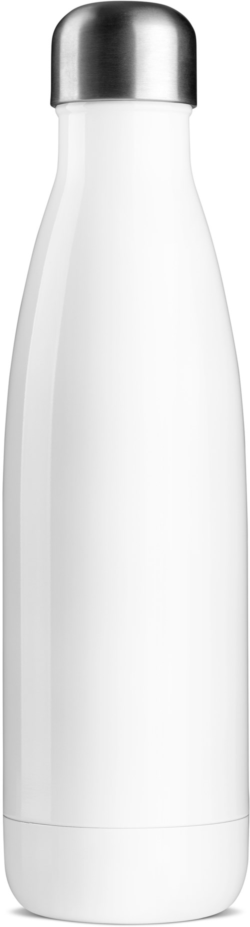 Eine weiße, lange, schlanke Flasche mit schwarzem Deckel, wahrscheinlich für Getränke oder Flüssigkeiten.