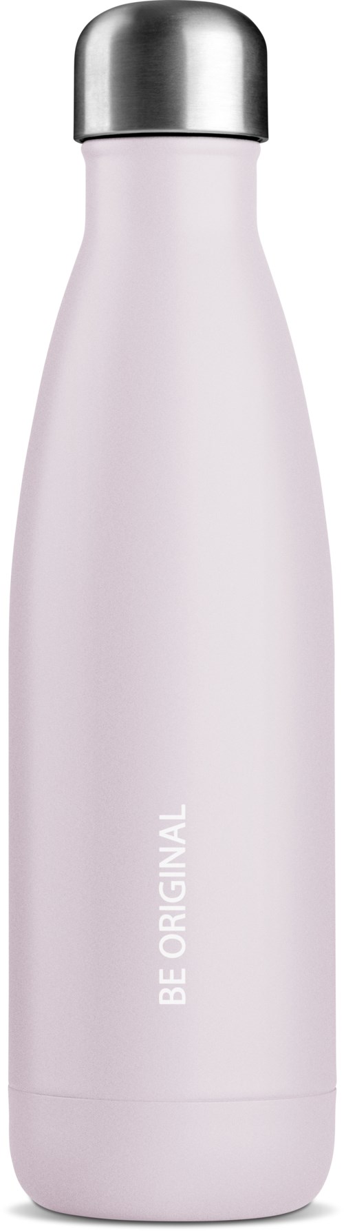 Eine lange, hellrosa Flasche mit silberner Kappe, beschriftet "BE ORIGINAL."
