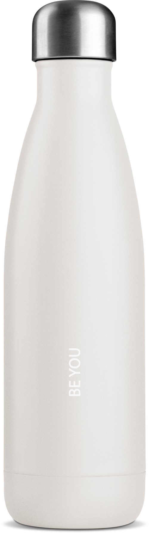 Eine weiße Wasserflasche mit silberner Kappe und der Aufschrift "BE YOU".