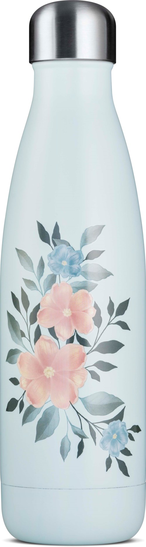 Eine hellblaue Wasserflasche mit Blumenmuster und silberner Kappe.