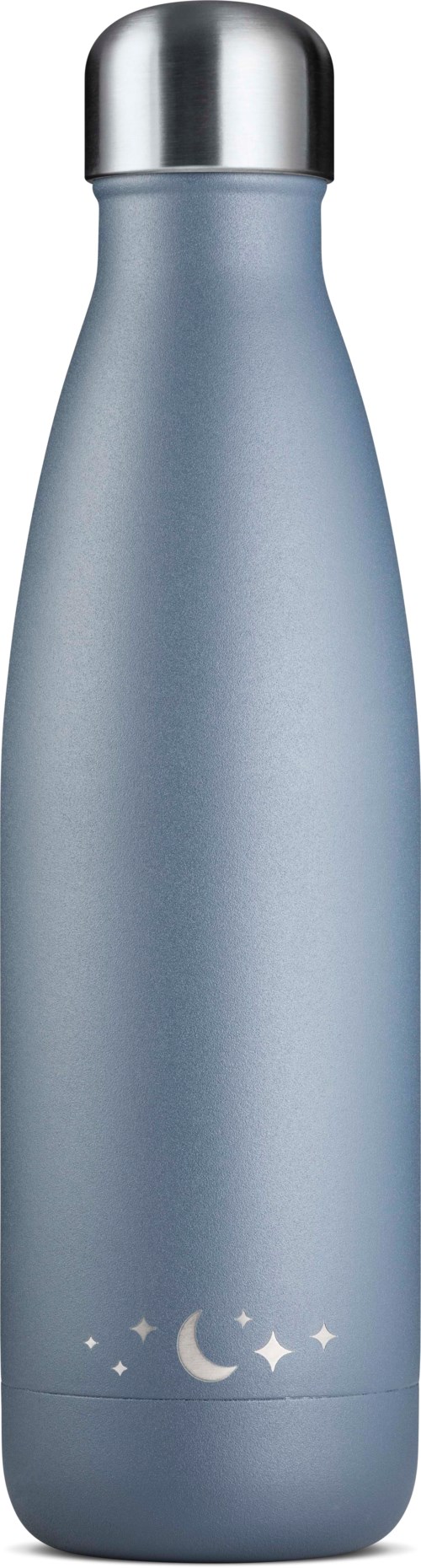 Eine graue isolierte Flasche mit silberner Kappe, verziert mit Mond und Sternen am unteren Rand.