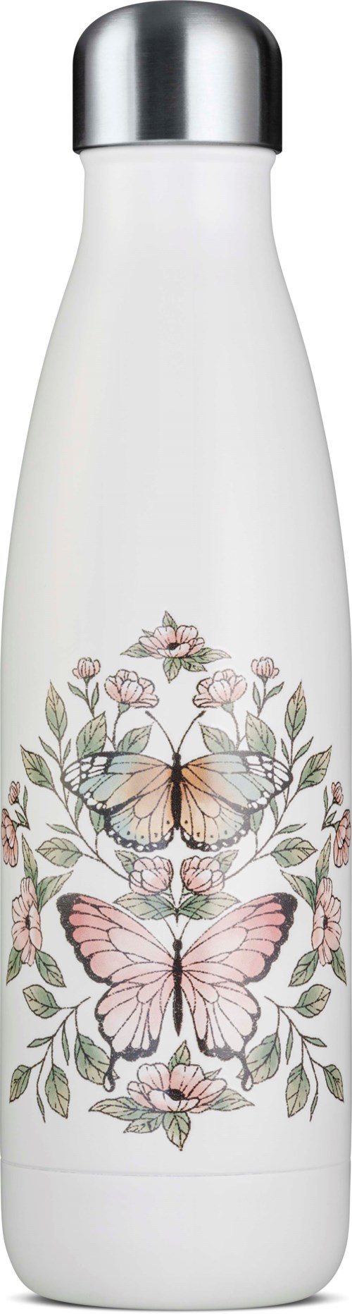 Eine weiße Flasche mit buntem Schmetterlings- und Blumendesign, und silberner Kappe.