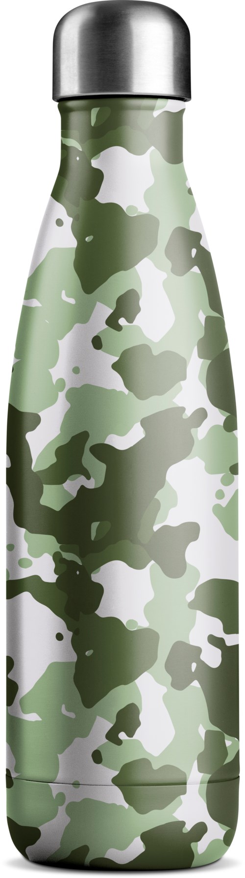 Eine Metallflasche mit grünem Camouflage-Muster und silberner Kappe.