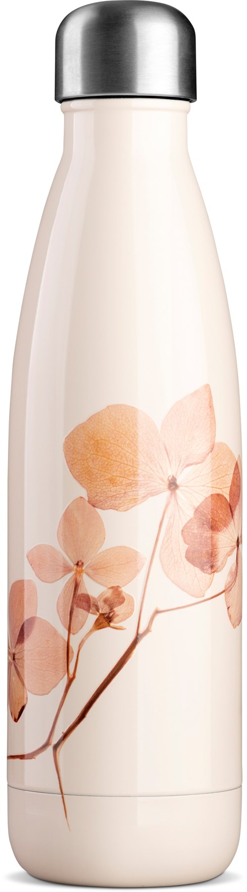 Eine weiße Flasche mit silberner Kappe und Blumendesign in Rosa- und Pfirsichtönen.