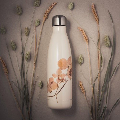 Eine weiße isolierte Flasche mit Blumenmotiven steht zwischen getrockneten Pflanzen vor neutralem Hintergrund.