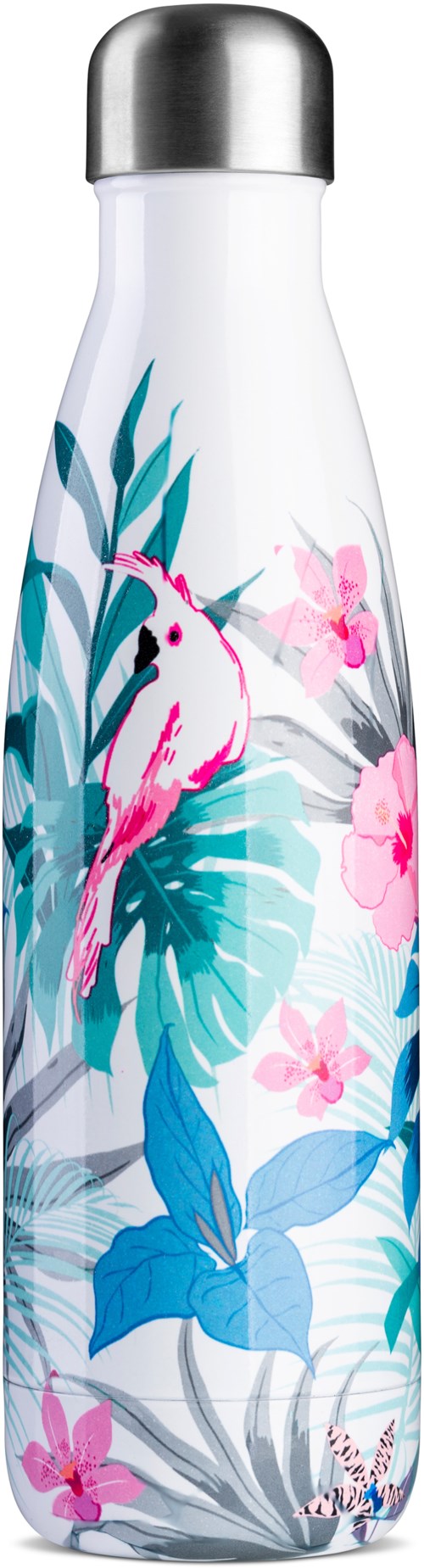 Eine florale Wasserflasche mit rosa und blauer Vogelgestaltung und silberner Kappe.