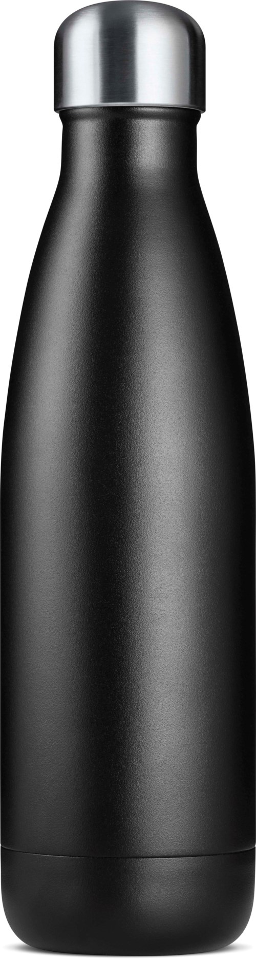 Eine schwarze, elegante Wasserflasche aus Edelstahl mit silberner Kappe.