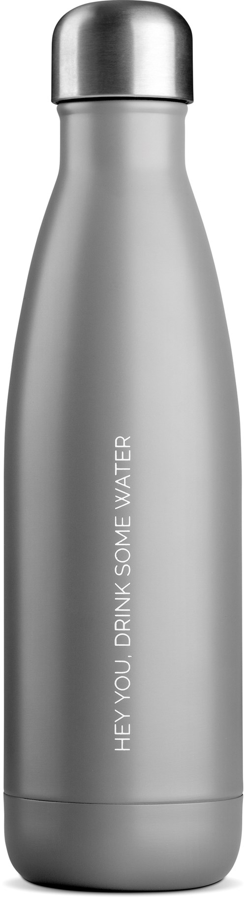 Eine silberne wiederverwendbare Wasserflasche mit der Botschaft: "Hey du, trink Wasser."