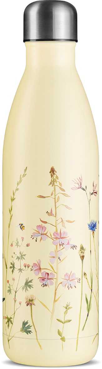 Eine cremefarbene Flasche mit Blumenmuster aus rosa, blauen und grünen Pflanzen und einem silbernen Deckel.