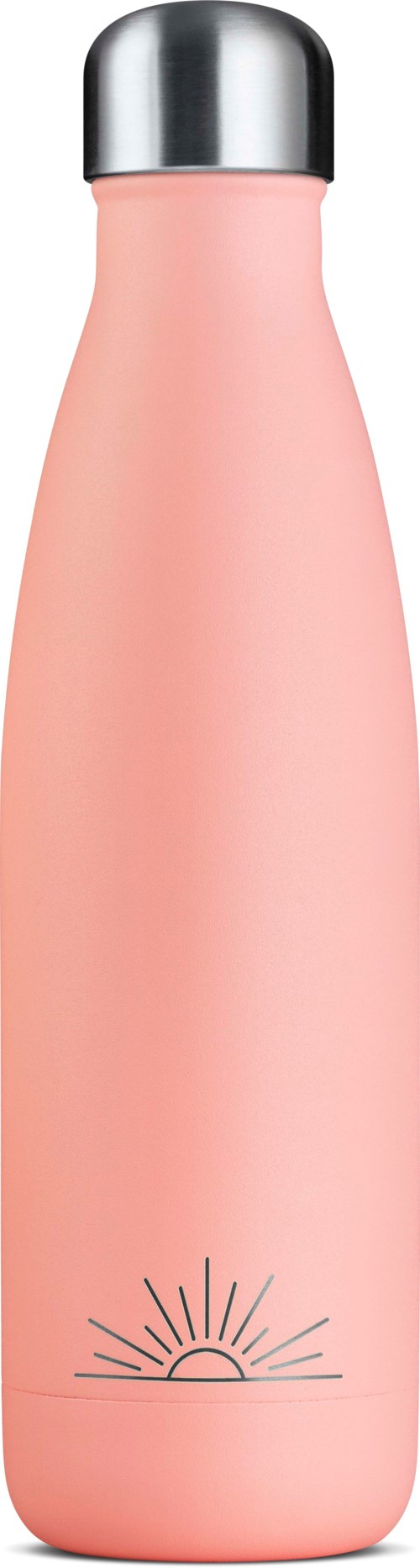 Pinke wiederverwendbare Wasserflasche mit Silberdeckel und Sonnensymbol am Boden.