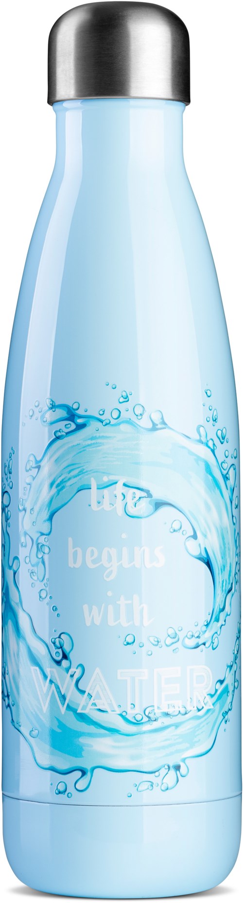 Eine blaue Wasserflasche mit Metallkappe, Wasserblasendesign und Text "begins with I".