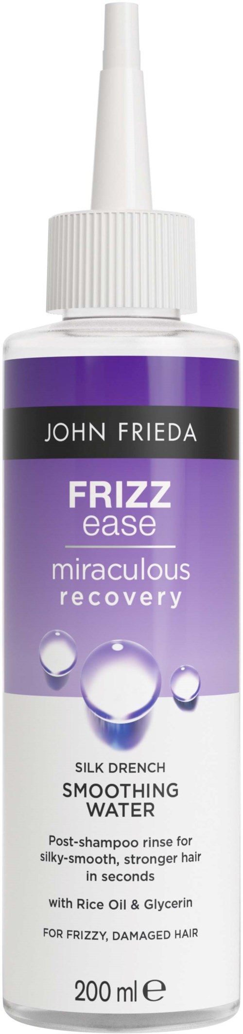 Eine kleine Flasche John Frieda Frizz Ease wundersame Recovery Glättungswasser mit weißem Verschluss und lila Etikett.