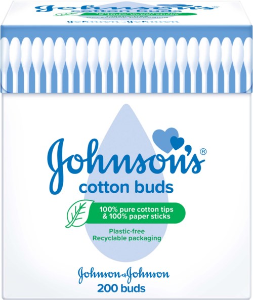 Box of 200 cotton buds with plastic-free, recyclable packaging, containing pure cotton tips and paper sticks.
