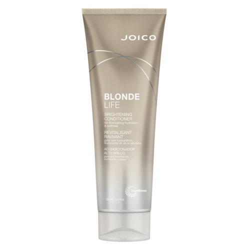 Een beige tube met zilveren accenten met het label Joico Blonde Life Brightening Conditioner voor blond haarverzorging.
