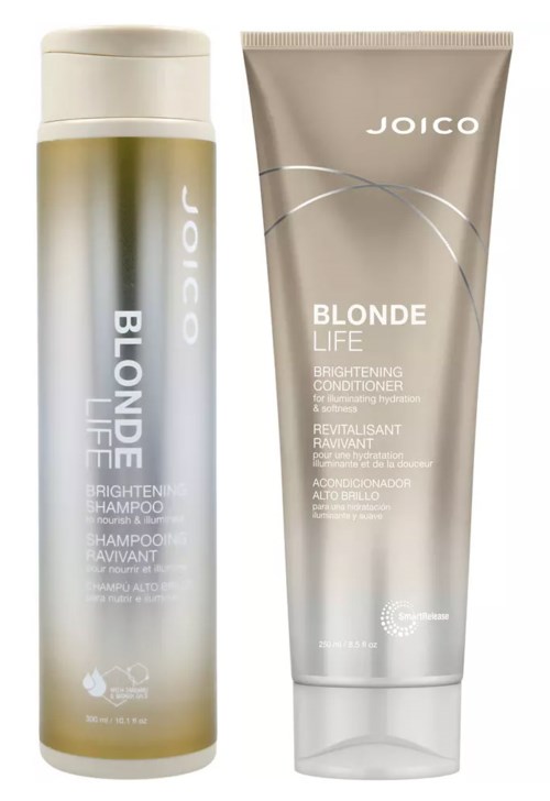 Zwei Haarpflegeprodukte: Shampoo und Conditioner, beide mit "Blonde Life" gekennzeichnet, von Joico.