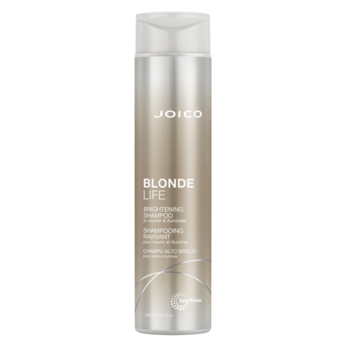 Een lange, zilveren fles met de tekst 'Joico Blonde Life Brightening Shampoo' voor haarverzorging.