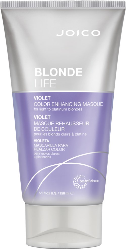 Een tube van Joico Blonde Life Violet kleurversterkende masker voor blond haar, met zilveren en paarse ontwerp.