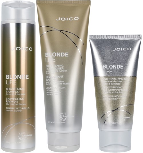 Drei Haarpflegeprodukte in Silber- und Goldverpackung für blondes Haar. Enthält Shampoo, Conditioner und Maske.