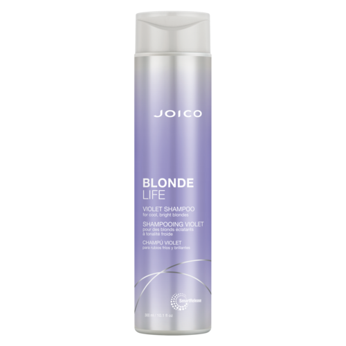 Eine lange, violette und weiße Flasche mit Joico Blonde Life Violet Shampoo und weißem Deckel.