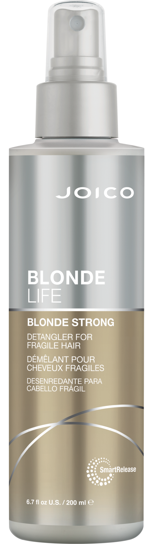 A silver and beige spray bottle labeled Joico Blonde Life Deepening for fragile hair.