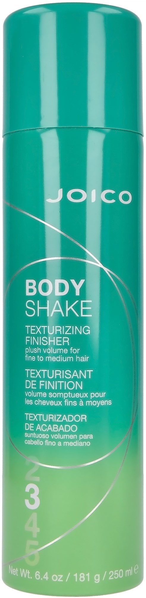 En lång, turkos flaska märkt 'Jolco Body Shake' för hårfärdighet, med volym- och texturfokus.