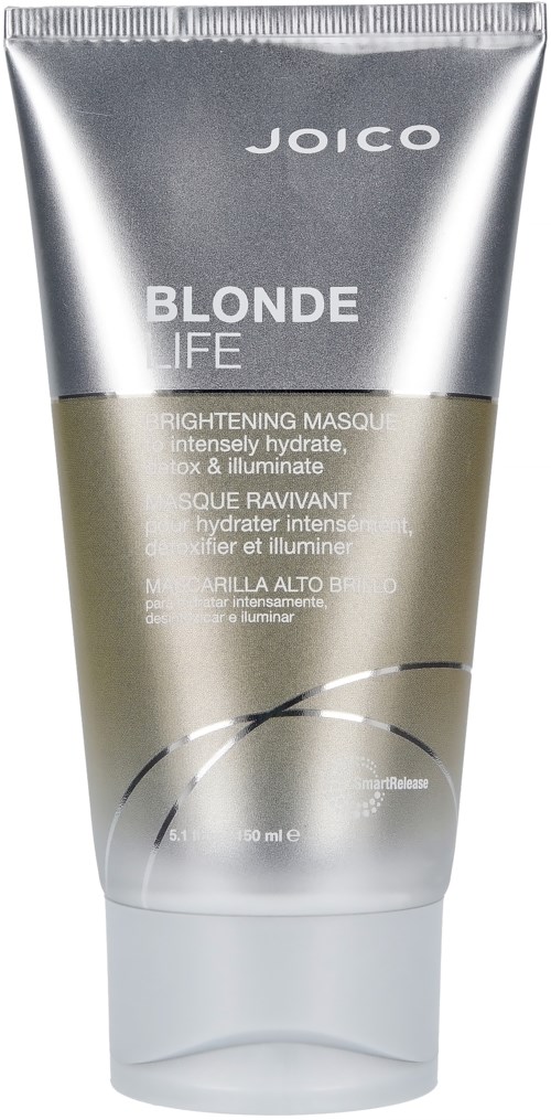 Een zilveren en witte tube van Joico Blonde Life haarmasker, met productgegevens en merknaam zichtbaar.