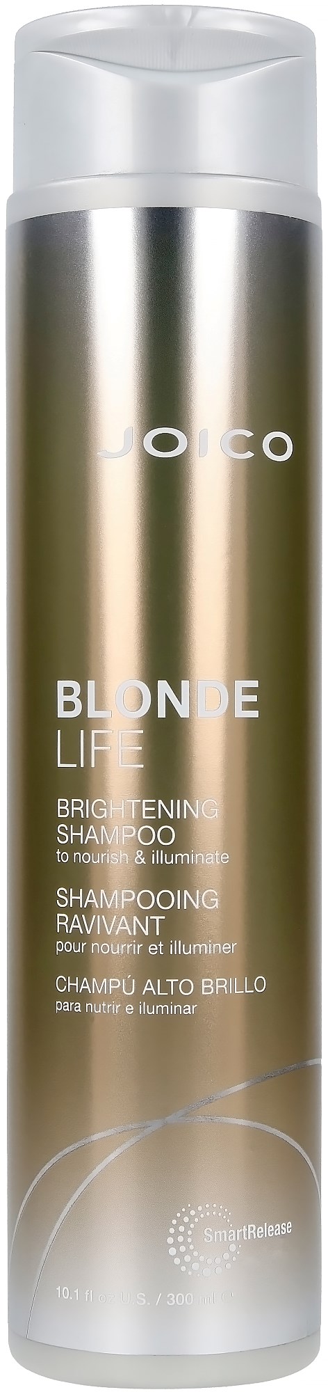 Een lange, zilverkleurige shampoo-fles met witte dop, gemerkt "Joico Blonde Life Brightening Shampoo."