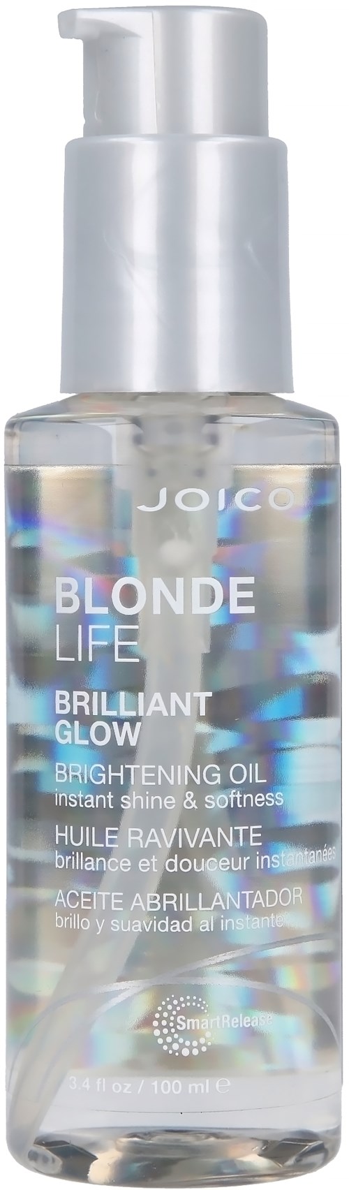 Een heldere fles met pomp, gemerkt 'Blonde Life Brightening Oil,' bevat een doorzichtige vloeistof.