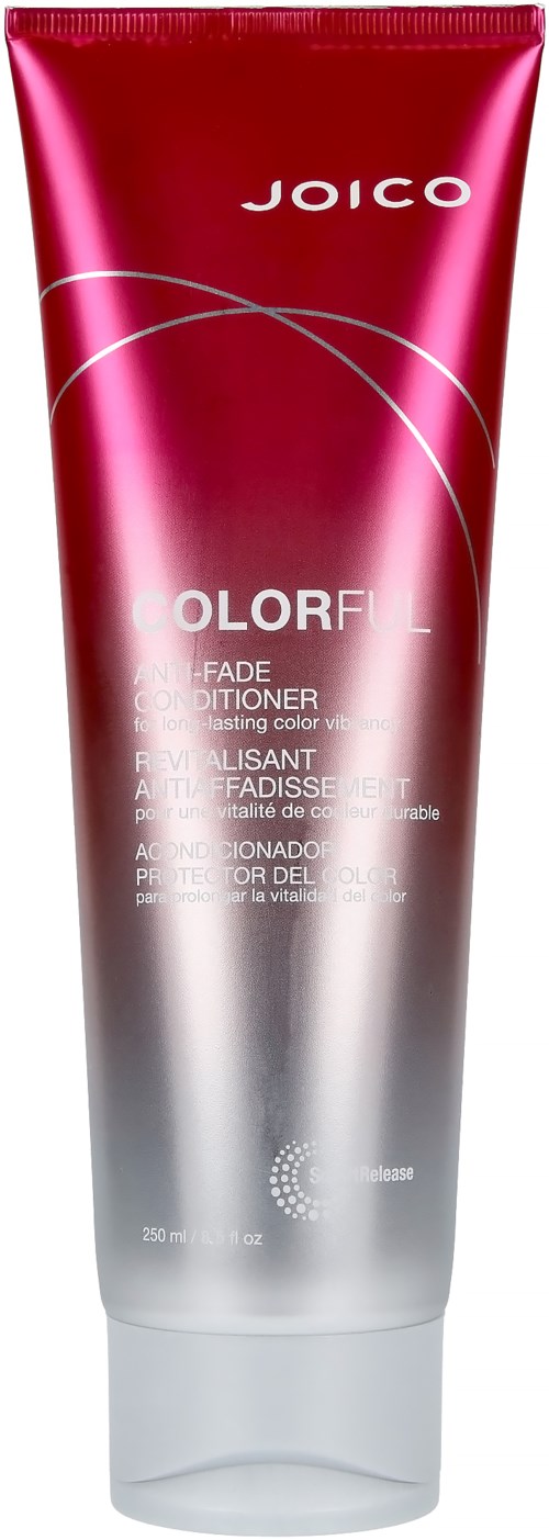 Värikäs ja hopeanvärinen Joico Colorful fadehoitoaineputki, jossa valkoinen teksti ja logo.