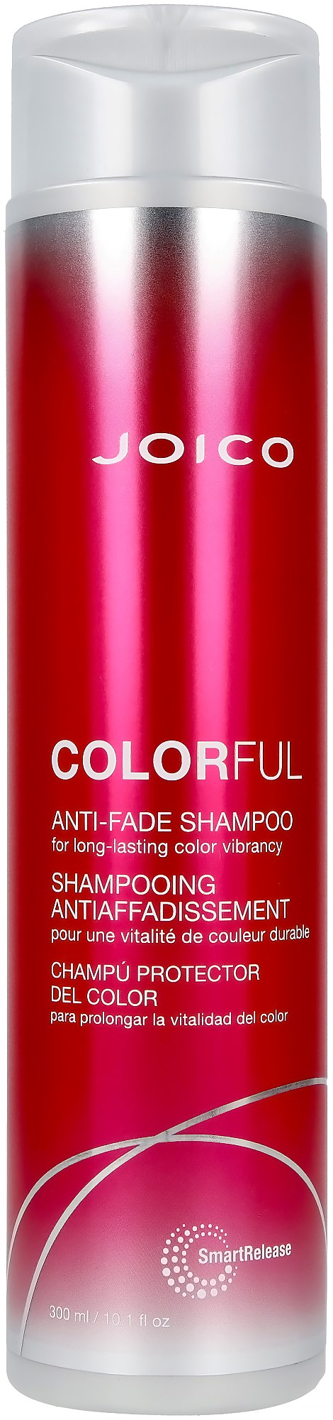 Pitkä, punainen shampoolasia, jossa valkoinen teksti, nimeltä Joico Colorful Anti-Fade Shampoo, valkoinen korkki.