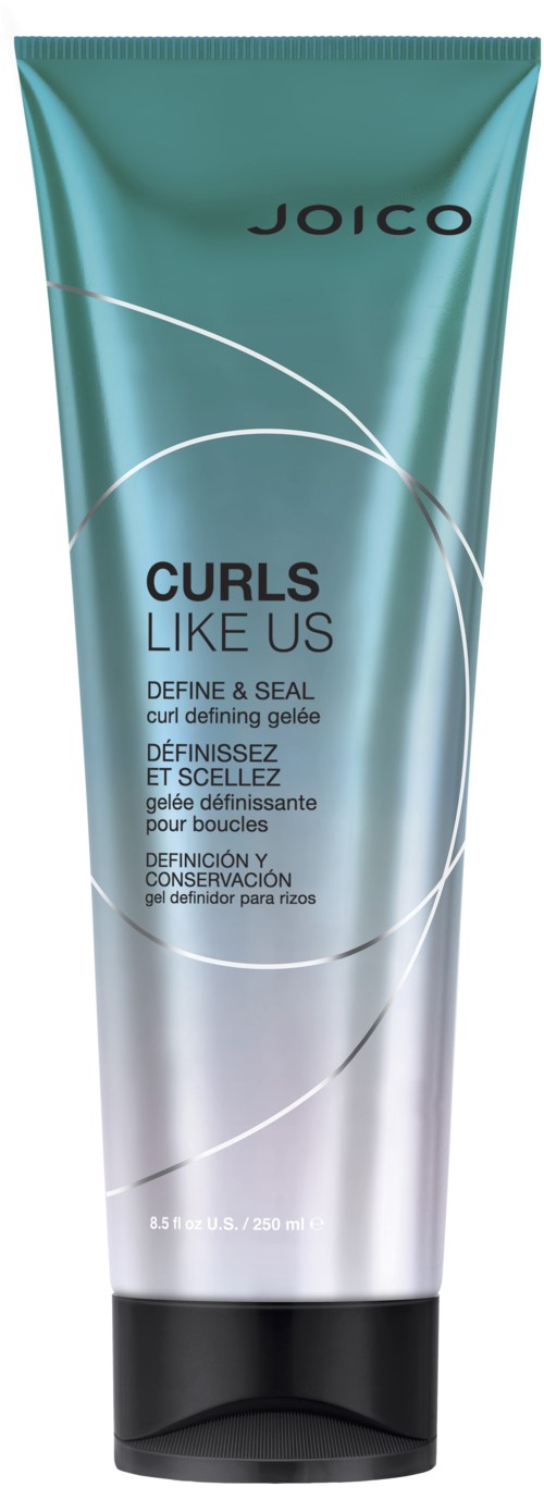 Eine Tube Joico Curls Like Us Locken-Defining Gel in Türkis, Silber und Schwarz mit Produktinformationen auf der Vorderseite.
