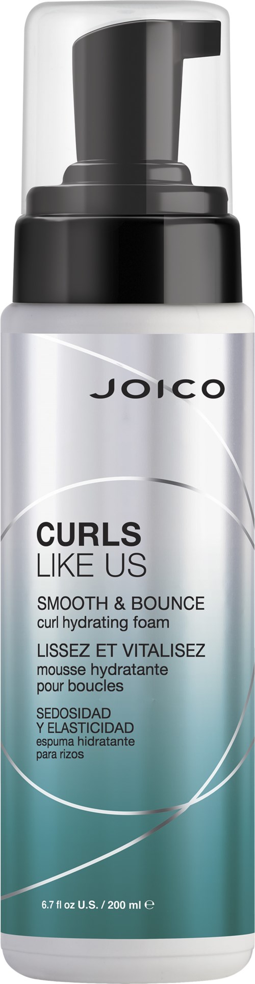 Een witte en teal sprayfles van Joico Curls Like Us voor krullend haar, met pomp en productdetails.