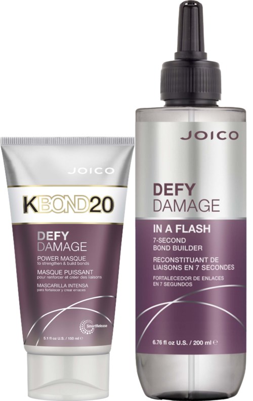 Twee haarverzorgingsproducten van Joico: een masker en een spray voor beschadigd haar.