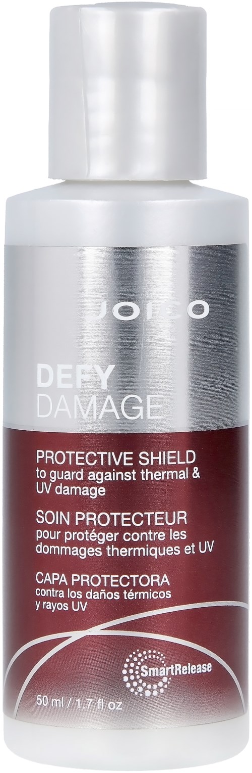 A small white bottle with silver and red label, describing protective shield for thermal and UV damage.