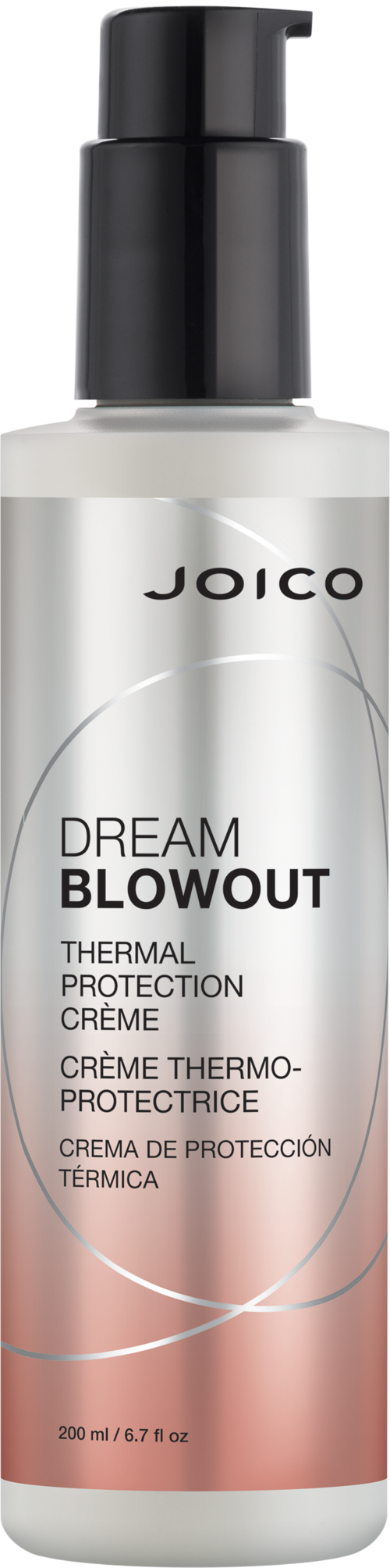 Een witte fles met zwarte pomp, gemarkeerd 'Joico Dream Blowout' voor hittebescherming, 200 ml.